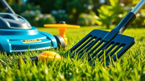 Lawn care equipment on grass in Fairfax garden