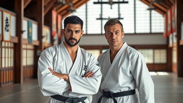 Renshusei Aude Giraudet in dojo with companion.