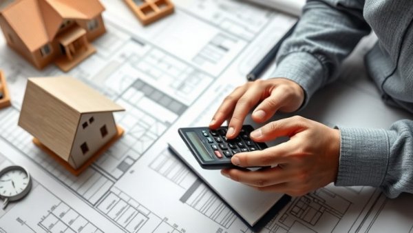 Hands calculating commercial property maintenance costs with blueprints.