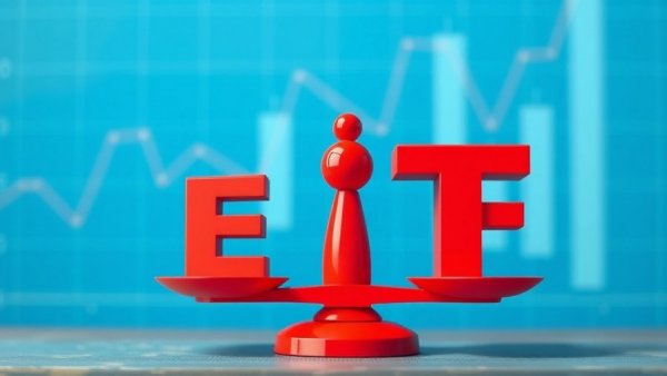Red balance scale comparing ETFs on blue background