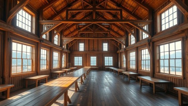 Elegant rustic space with wooden beams in luxury real estate.