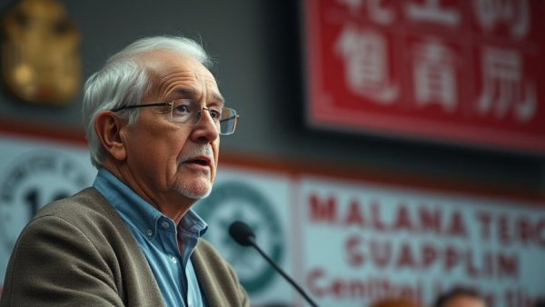 Elderly man addressing audience with thoughtful expression in front of insignia.
