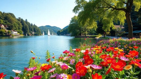 Scenic view of Michigan lake town with vibrant garden and sailboats.