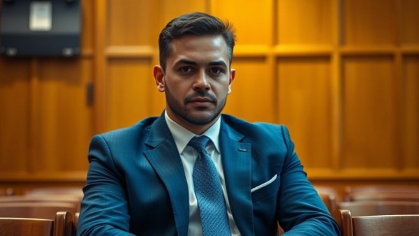 Calm man in blue suit in courtroom setting related to University of Michigan legal fees.