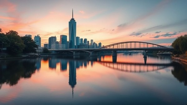 Scenic Michigan cityscape at dusk with river and buildings, sunset sky.