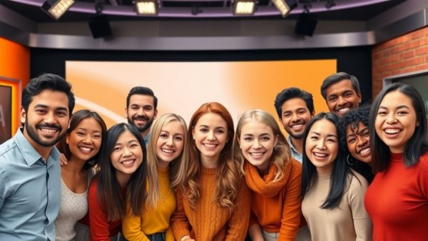 Cheerful group in a TV studio sharing insights.
