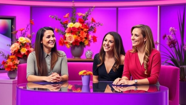 TV hosts discussing on a vibrant set with flowers.