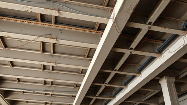 Close-up of damaged ceiling beams in Michigan Historical Museum