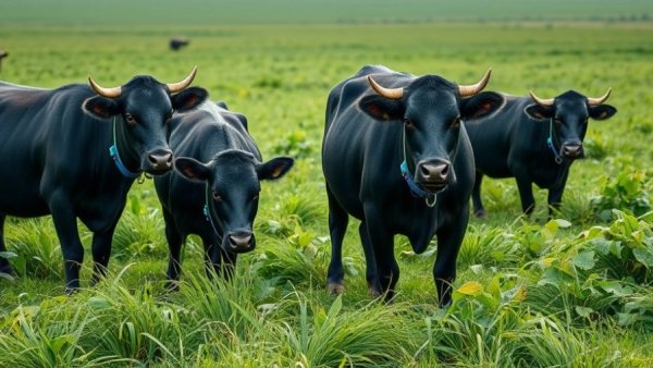 Black cattle with tech collars grazing in field; AI in Agriculture