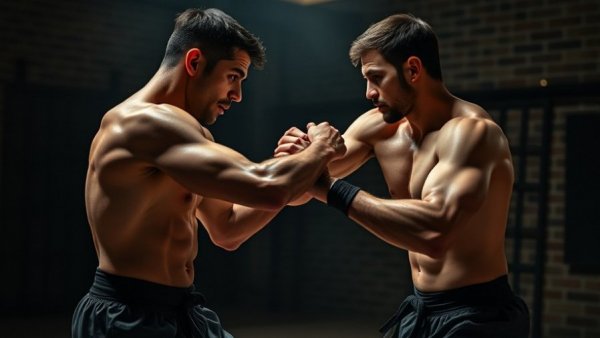 Intense martial arts scene in brick-walled dojo, warm lighting.