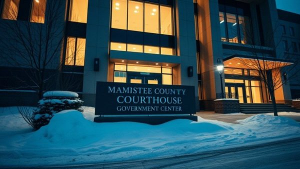 Manistee County Courthouse entrance snow-covered, Michigan contractor fraud restitution.