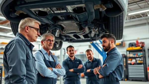 Engineers inspecting car underside in automotive facility, highlighting Ford manufacturing strategy and teamwork.