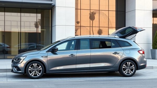 Grey Renault hearse parked outside building in natural light