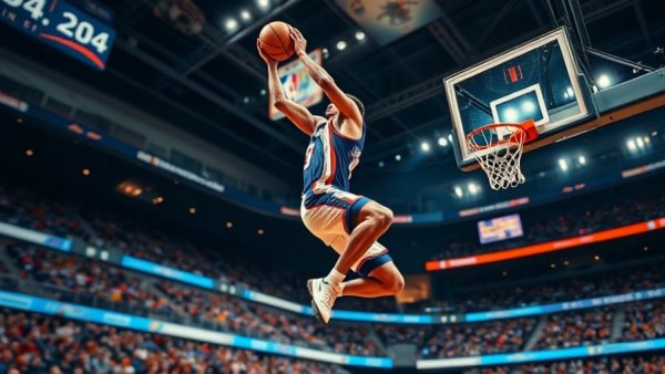 Basketball player leaps dynamically toward hoop in arena action shot.