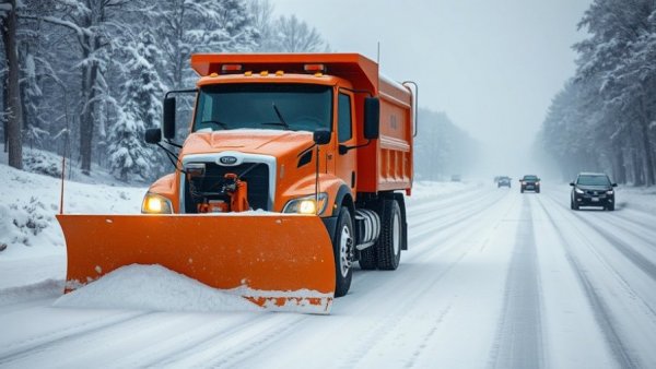 Heavy-duty snow plow on a snowy road affecting snow removal costs in Muskegon