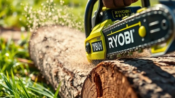 Ryobi 18V 10-inch chainsaw cutting log outdoors, close-up action.