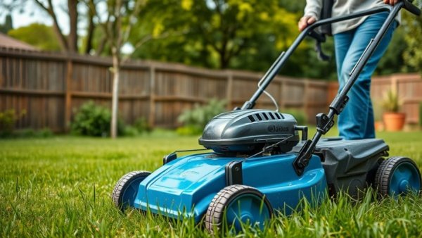 Best lawn care tips for spring prep with lawn mower in backyard.