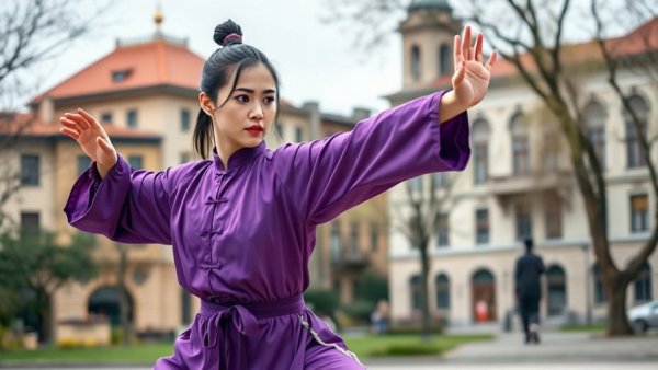 Female martial artist practicing Taijiquan for International Day of Taijiquan.