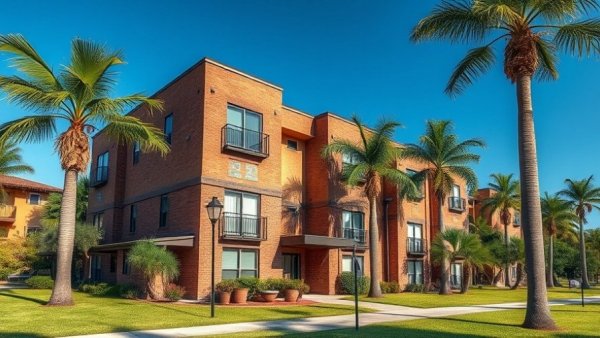 Affordable housing for low-income seniors, brick apartment building with palm trees.