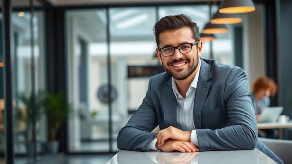 Modern buyer in real estate, smiling in stylish office.