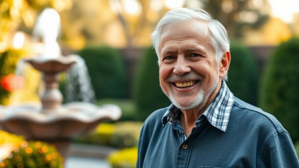 Portrait of elderly man smiling outdoors, multifamily housing administration.