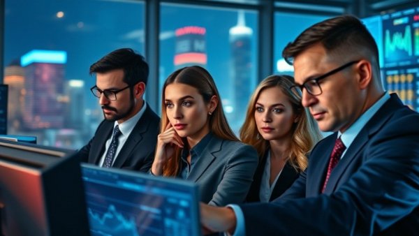 Business professionals discussing AI agents governance in a digital office.