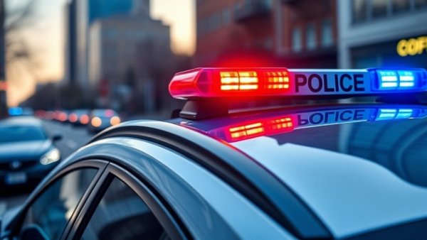 Police lights flashing during investigation of tour bus crash in Green Bay.