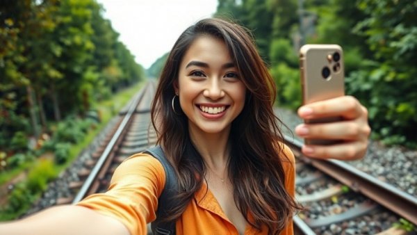 Young woman on railroad tracks against lush greenery, highlighting Michigan railroad trespassing laws.