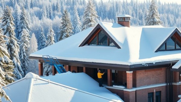 Snow-covered roof of Michigan Iron Industry Museum with workers inspecting damage.