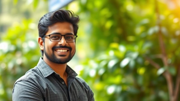 Indian tech entrepreneur smiling outdoors with green background.
