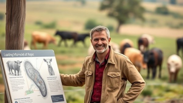 Two men by a sign in a field for an AI cow collar startup