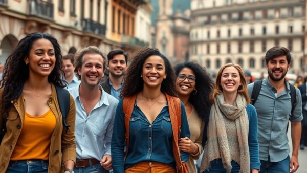 Smiling young adults exploring city, side hustle inspiration, photorealistic.