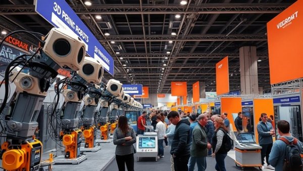 3D printing robotics exhibition with attendees.