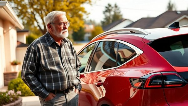 Elderly man beside red electric car illustrating automotive industry challenges.