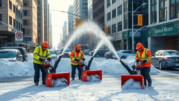 Workers performing snow removal services Muskegon in an urban setting.