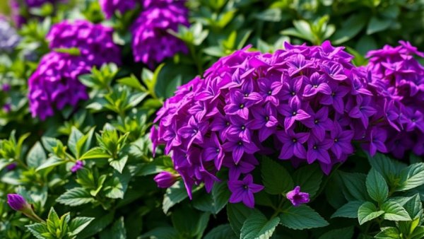Vibrant purple perennials with lush green leaves in New England garden