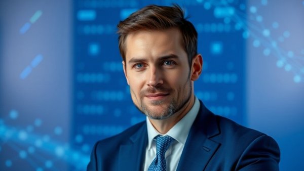 Interview with real estate expert with blue digital backdrop.