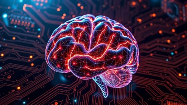 Futuristic AI program concept for small businesses with digital brain.