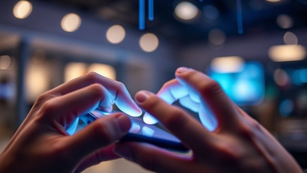 Futuristic hands using smartphone, digital overlay, AI and quantum computing investments theme