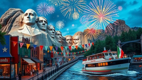 Colorful Texas tourism collage with city, fireworks, and riverboat.