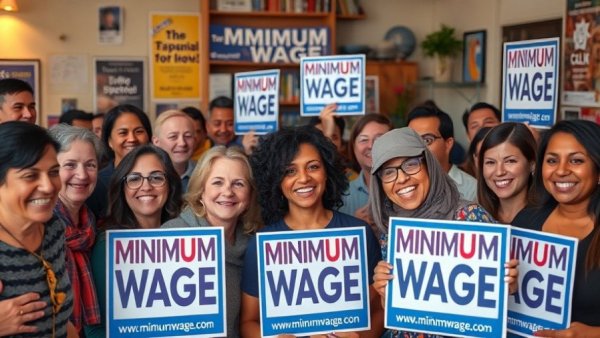 Campaign for Michigan minimum wage increase with smiling participants.