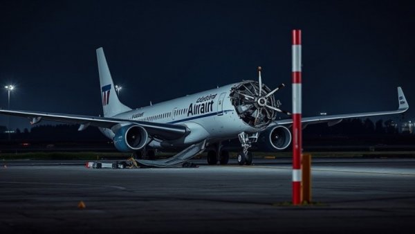 LaGuardia Airport shutdown: Damaged airplane on runway at night.