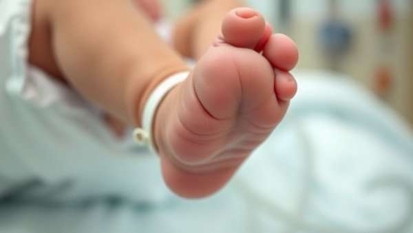 Newborn baby's foot with pink hospital ID band in Michigan first IVF baby history.