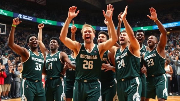 Michigan State basketball players celebrating victory in a vibrant arena.
