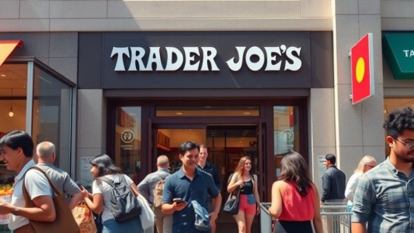 Trader Joe's storefront with shoppers on a sunny day.