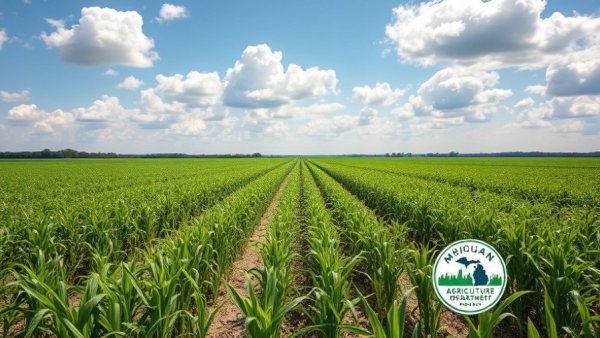 Agricultural field under blue sky, Michigan Agriculture emblem, PFAS research grants Michigan.