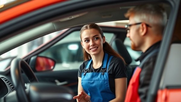 Friendly auto technician assisting a customer in Michigan.