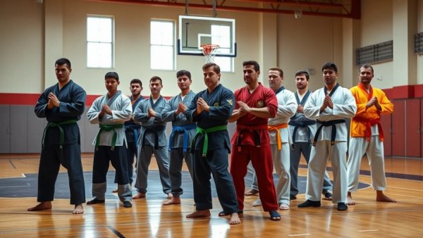 Martial arts class demonstrating in a gym with diverse students