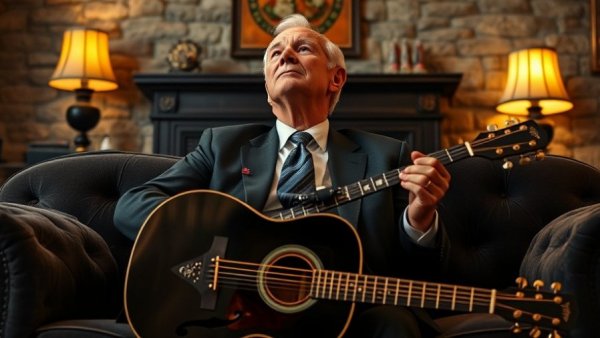Distinguished elderly man with guitar in lavish room, ambient lighting.