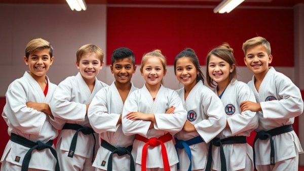 Young students in karate class in Gurnee, smiling in dojo.
